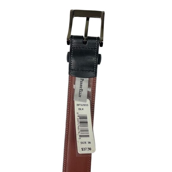 Perry Ellis NWT Black Leather Belt Silver Tone Buckle Size 38 - Picture 3 of 7